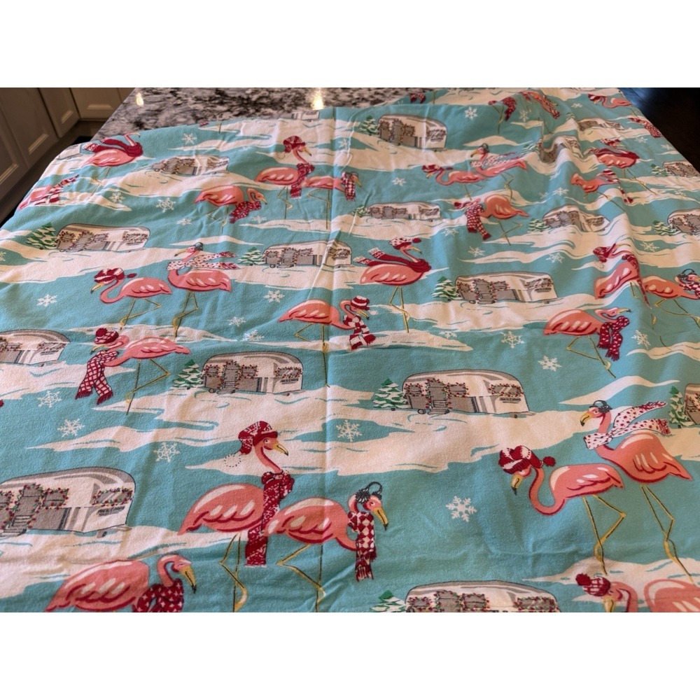 Nick Nora Flannel Twin Size Flat Sheet Flamingo Christmas Camper Appx. 63"x 86"